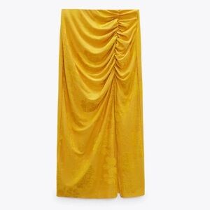 Zara Floral Jacquard Ruched High Waist Skirt Gold Yellow Midi Boho Womens S New